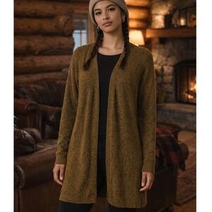 Karen Scott $79 Small Olive‎ Green Marbled Long Line Tunic Open Front Cardigan